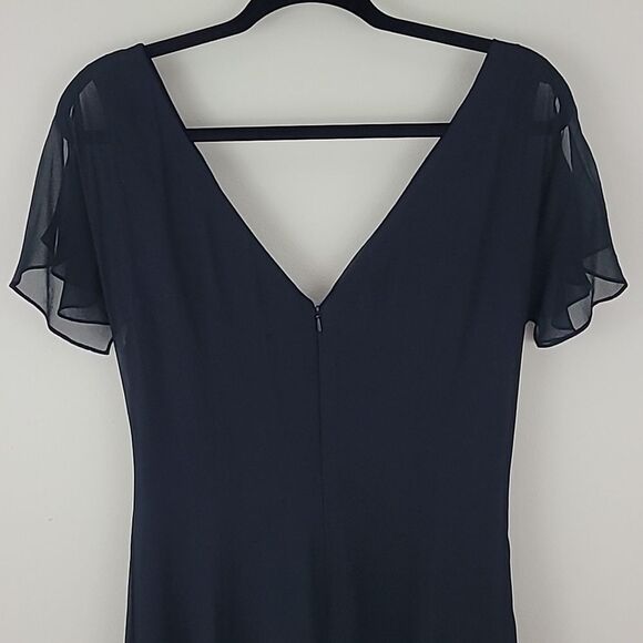Maggy London 100% silk Black Midi Dress Slit flutter sleeves V-neck Size 10 - Picture 8 of 12